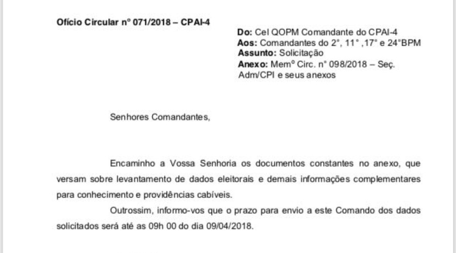 ESCÂNDALO! Comando da PM em Caxias também mandou “fichar” oposição