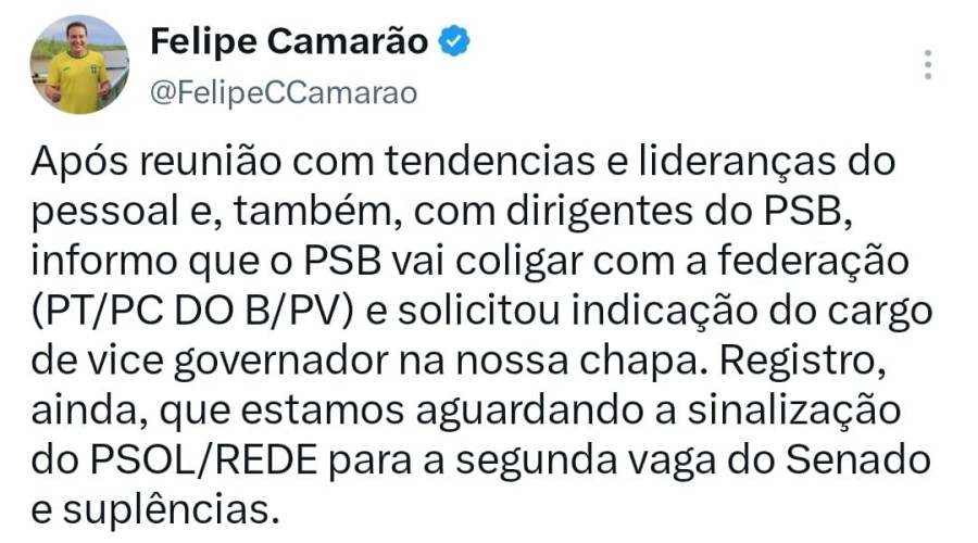 Falipe Camarão: vai coligar com a federação (PT/PC DO B/PV)