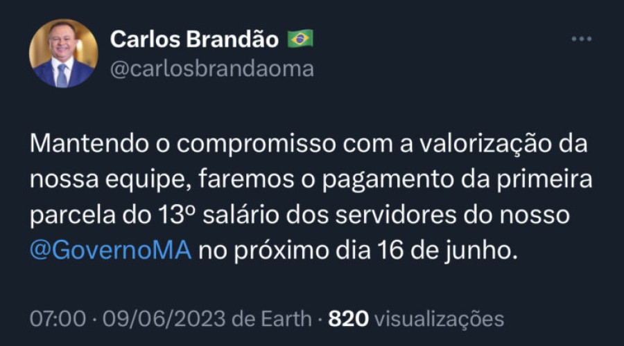 Governador Carlos Brandão anuncia antecipação de metade do 13º salário para dia 16 de junho