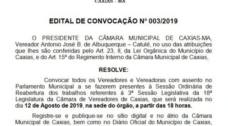 Sessão marca reabertura dos trabalhos legislativos em Caxias nesta segunda-feira