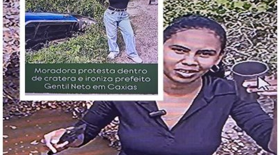 Moradora protesta dentro de cratera e ironiza prefeito Gentil Neto em Caxias