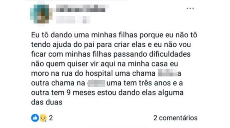 Desesperada, jovem mãe anuncia no Facebook que pretende doar filhas por falta de condições financeiras